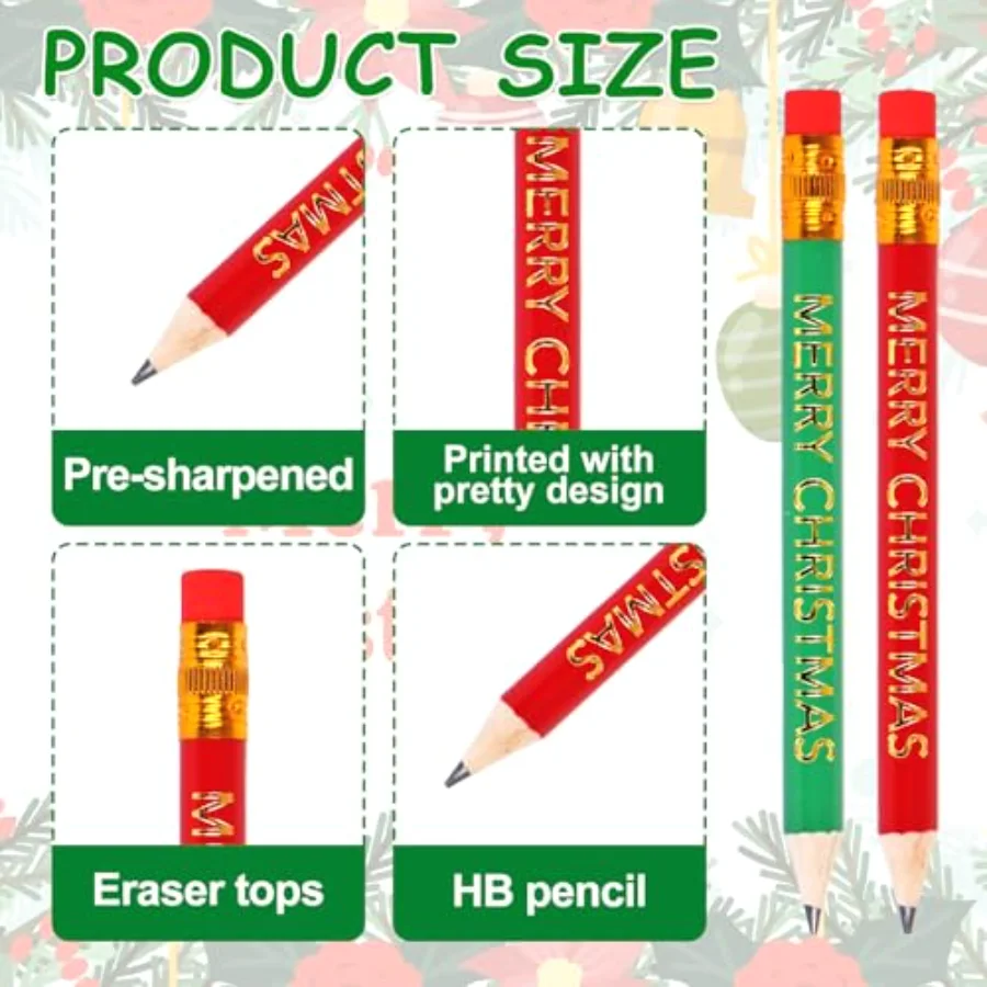 50Pcs Christmas Short Pencils with Erasers Gold Foil Merry Christmas Wood, view 2