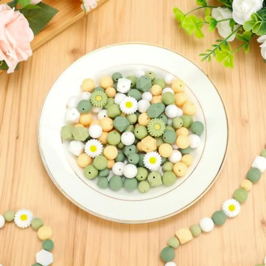 100 Pcs Daisy Flower Silicone Beads Sage Green White Spring Floral Round, view 4