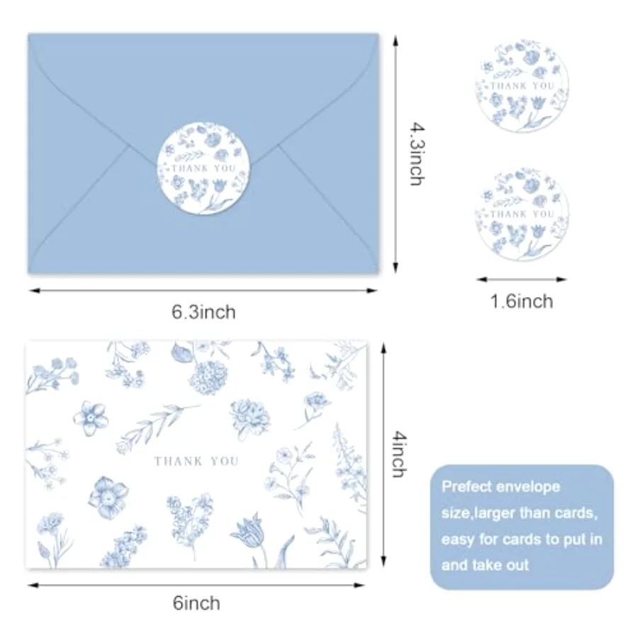 36 Pcs Light Blue Floral Thank You Cards Blue Flower Greeting Cards Blank, view 2