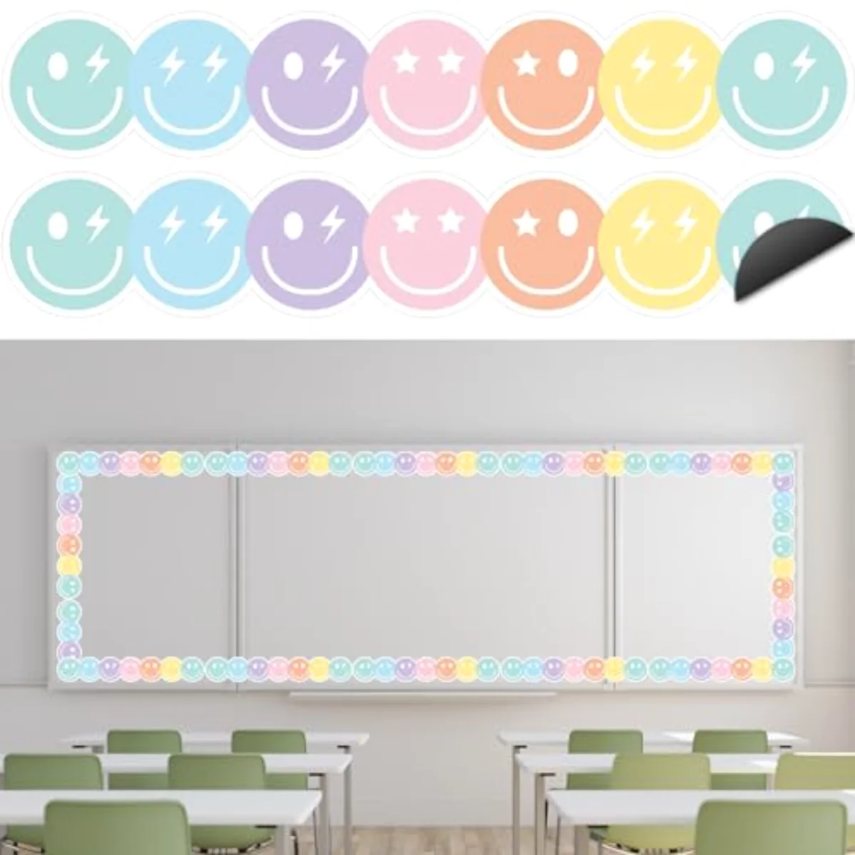 24 Pcs Preppy Happy Face Magnetic Bulletin Board Border Pastel Color Smile