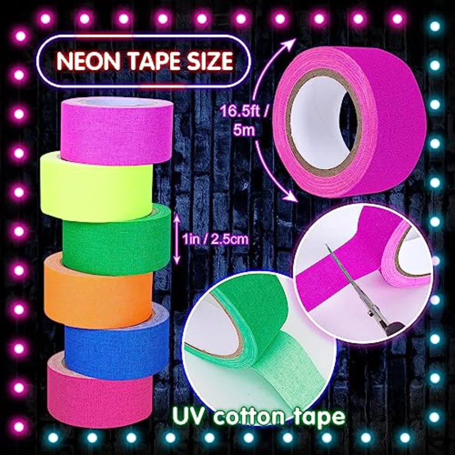 6 Colors Neon Gaffer Cloth Tape Fluorescent Rainbow Color UV Blacklight, view 2