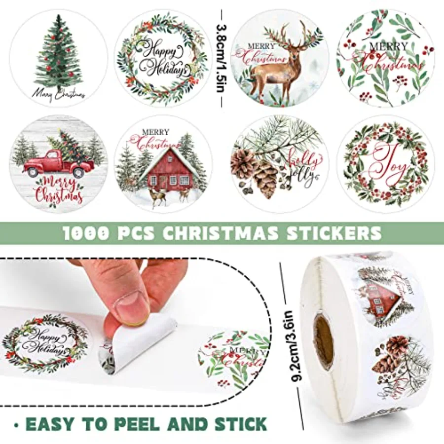 1000Pcs Christmas Stickers 1.5Inch Assorted Round Sticker in Roll Rustic, view 2
