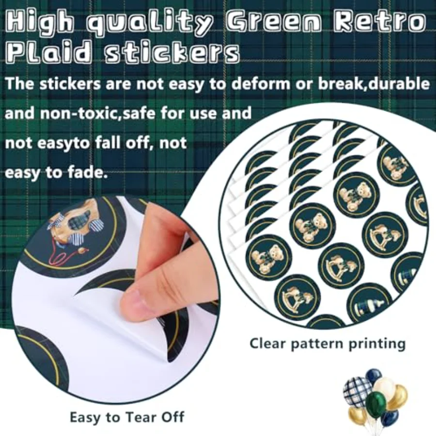 120Pcs Tartan Plaid Bear Baby Shower Stickers 2 Inch Adhesive Green Blue, view 3