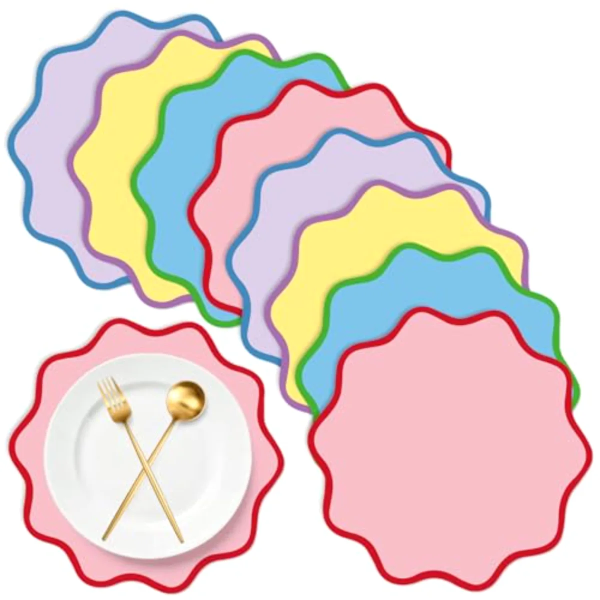 60 Pcs Wavy Round Paper Placemats Colorful Scalloped Disposable Place Mats