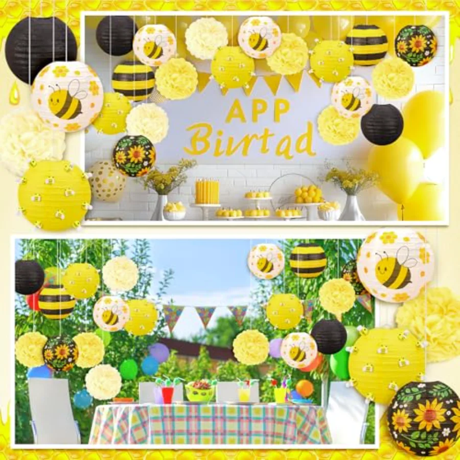 48 Pcs Bee Paper Lanterns Party Decoration Set Yellow Bumble Bee Sunflower, view 4