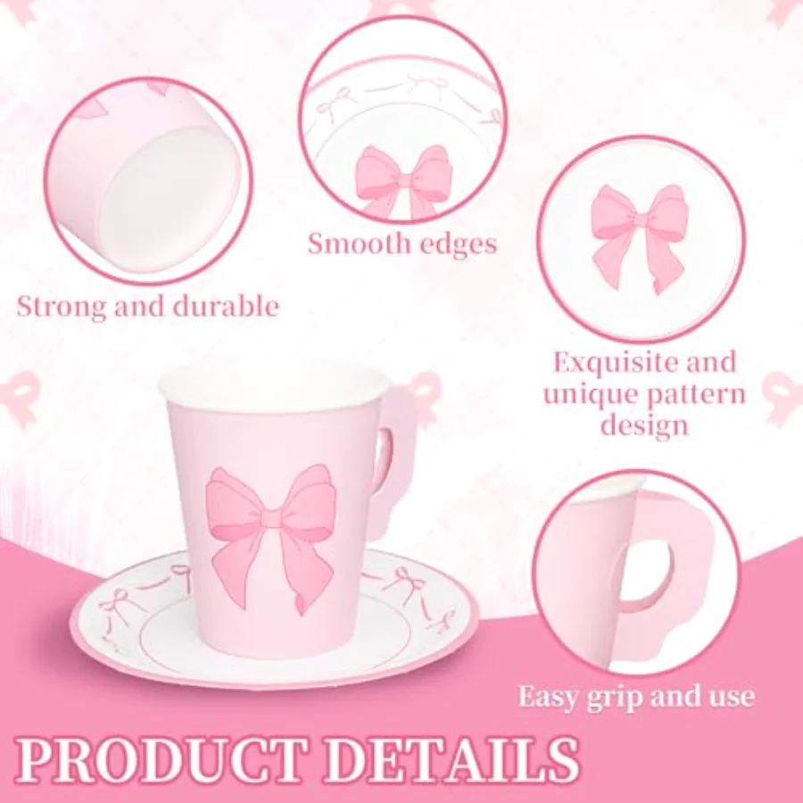 80 Pcs Tea Party Supplies 9oz Pink Bow Paper Tea Cups and Saucers Coquette, view 3