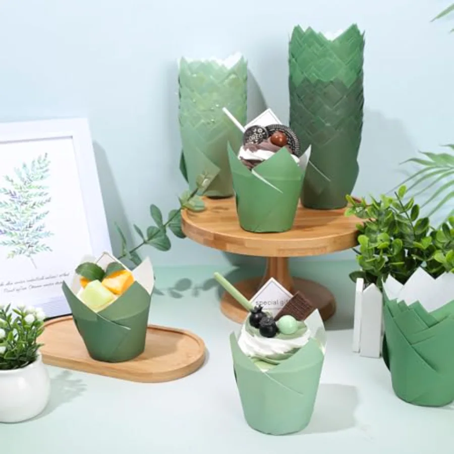 180Pcs Gradient Green Tulip Cupcake Liners Sage Green Tulip Muffin Baking, view 4