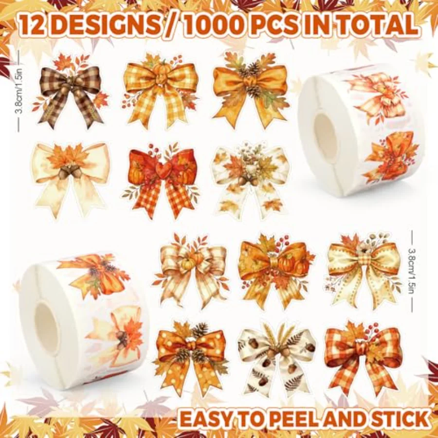 1000 Pcs Fall Bow Stickers Roll Orange Pumpkin Plaid Leaves Bowknot, view 2