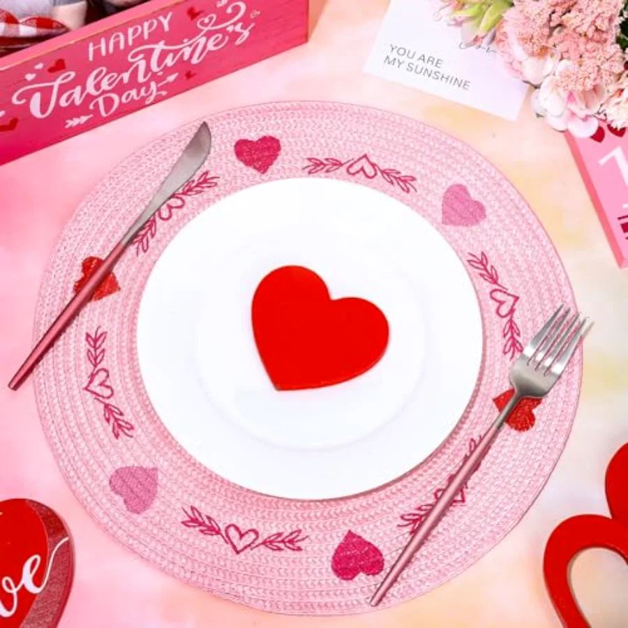 4Pcs Round Valentine Placemats Red Pink Heart Embroidered Place Mats, view 3