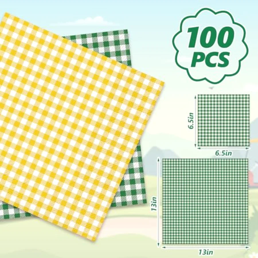 100 Pcs Yellow Green Plaid Paper Napkins Luncheon Napkin Golf Themed Let's, view 2