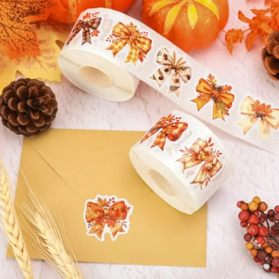 1000 Pcs Fall Bow Stickers Roll Orange Pumpkin Plaid Leaves Bowknot, view 3