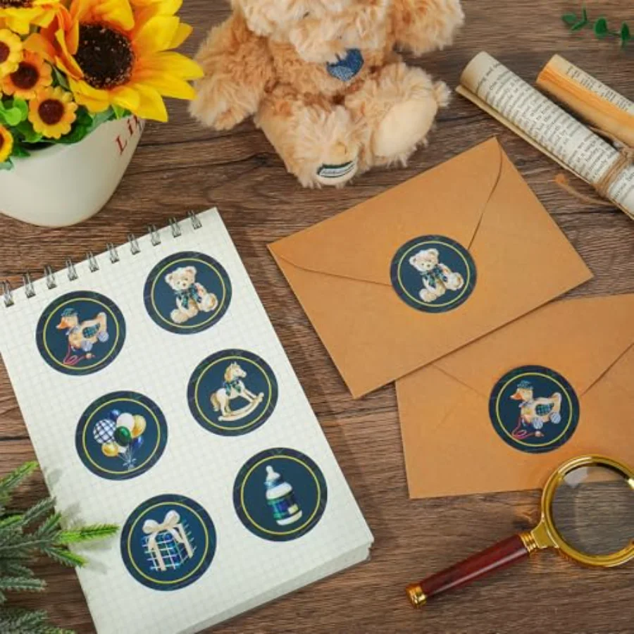 120Pcs Tartan Plaid Bear Baby Shower Stickers 2 Inch Adhesive Green Blue, view 4