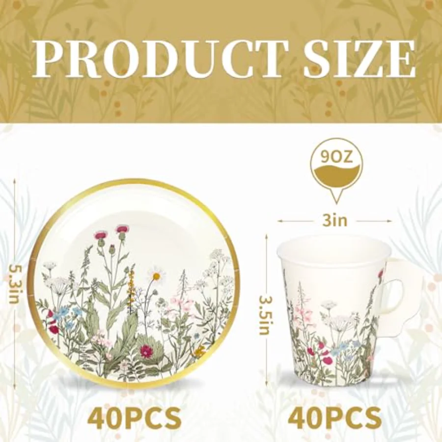 80 Pcs Floral Paper Tea Cups and Saucers 9 oz Vintage Wildflower, view 2