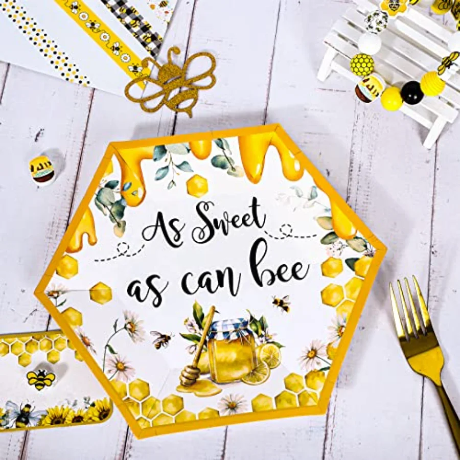 50Pcs World Bee Day Paper Plates Watercolor Honey Hexagonal Disposable, view 3