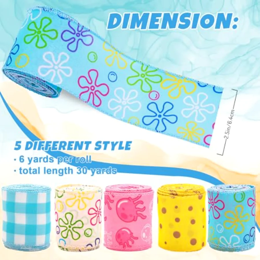5 Rolls Summer Sponge Bubble Wired Edge Ribbon 2.5 Inch 30 Yards Funny, view 2