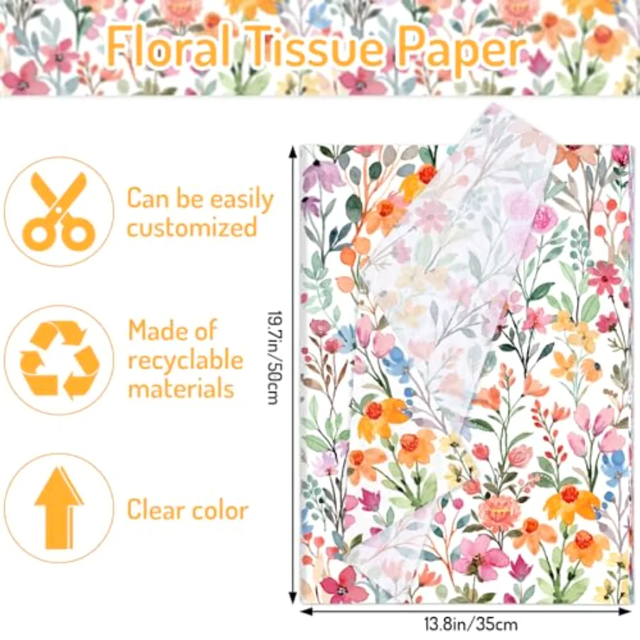 100 Sheets Floral Tissue Paper Watercolor Spring Summer Flowers Gift, view 2