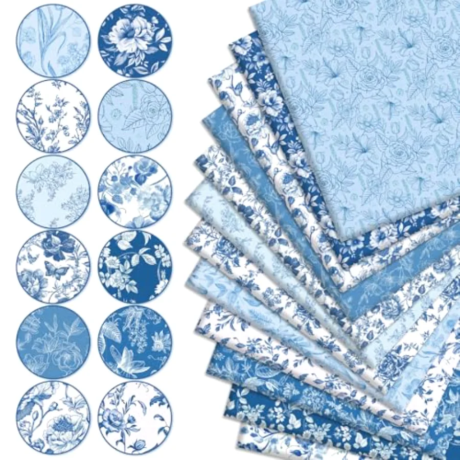 12 Pcs Vintage Floral Cotton Fabric Bundles Blue White Flower Fat Quarters, view 3