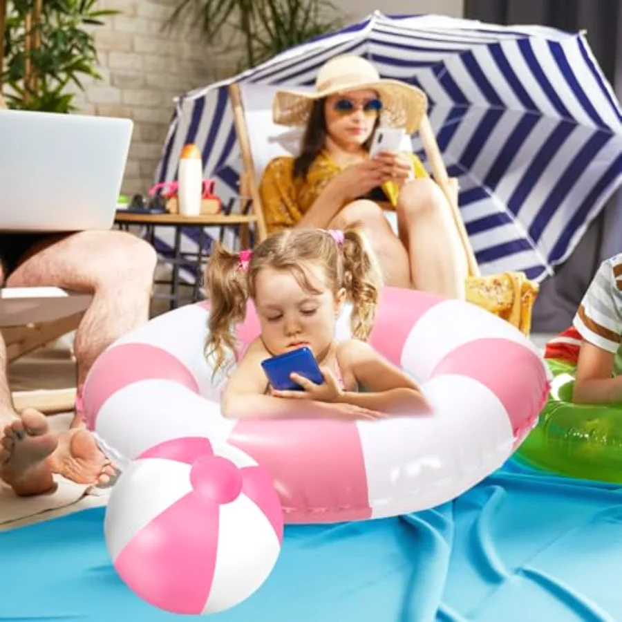 8Pcs White Pink Inflatable Swimming Float Toy Set Striped 22.8 in Swim, view 4