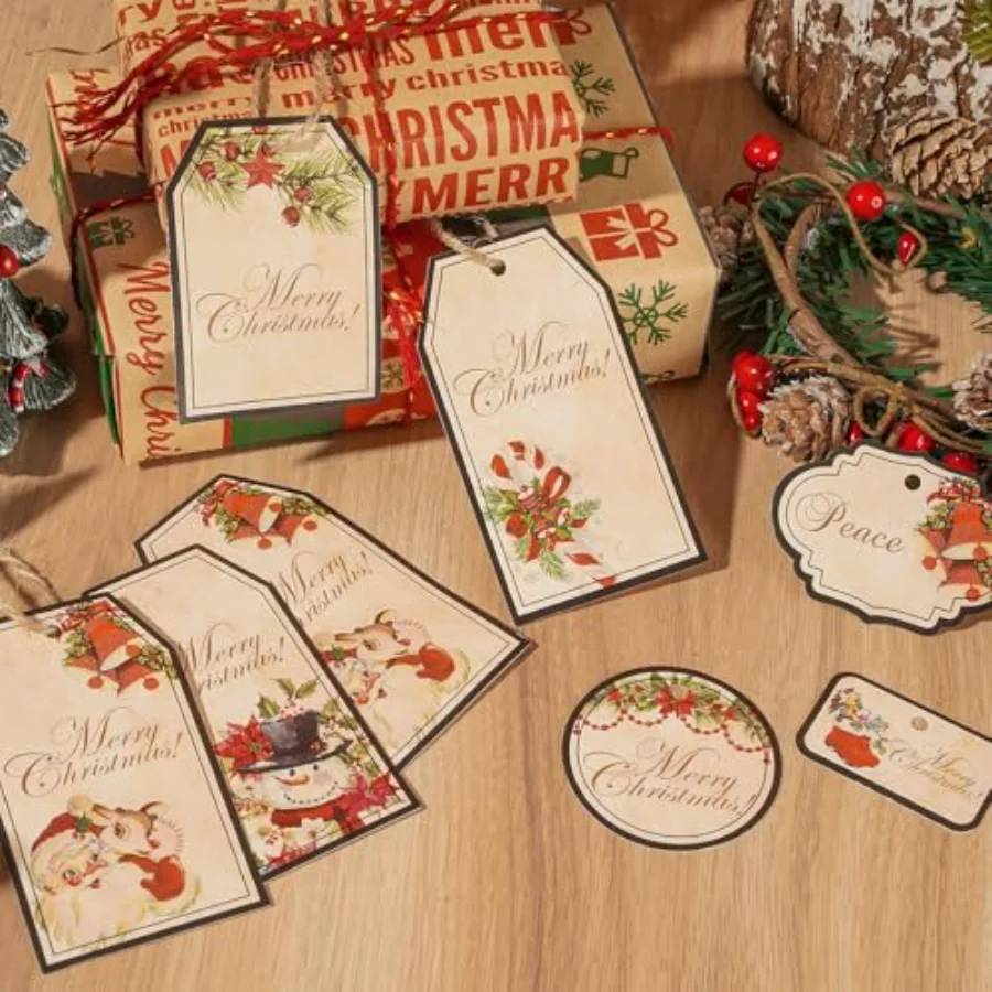 100 Pcs Vintage Christmas Paper Gift Tags Blank Tags Brown Xmas Santa, view 4
