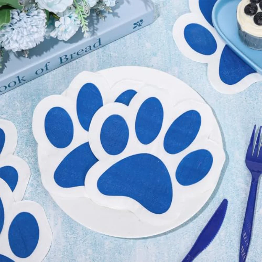 100Pcs Dog Paw Paper Napkin Pet Paw Print Napkin White Blue Cute Luncheon, view 4
