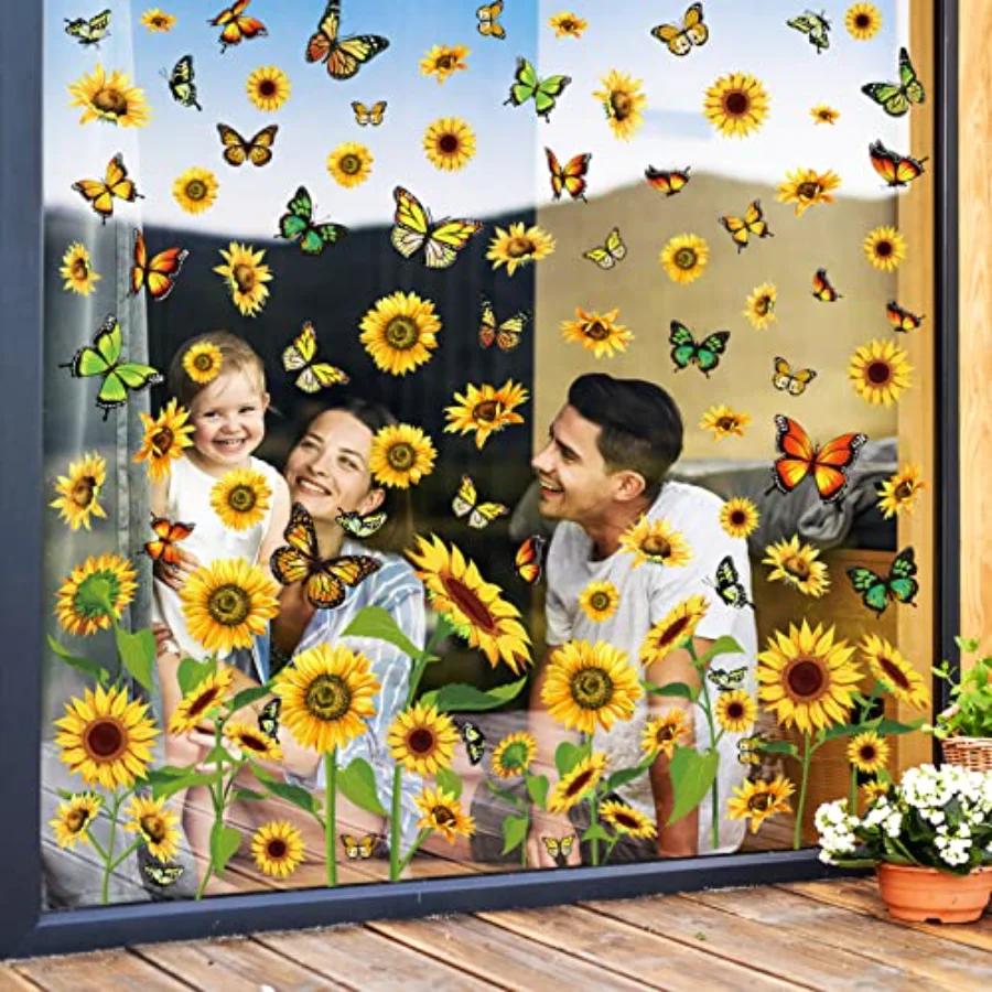 6 Sheets Sunflower Window Clings Spring Summer Flower Butterfly Window, view 4