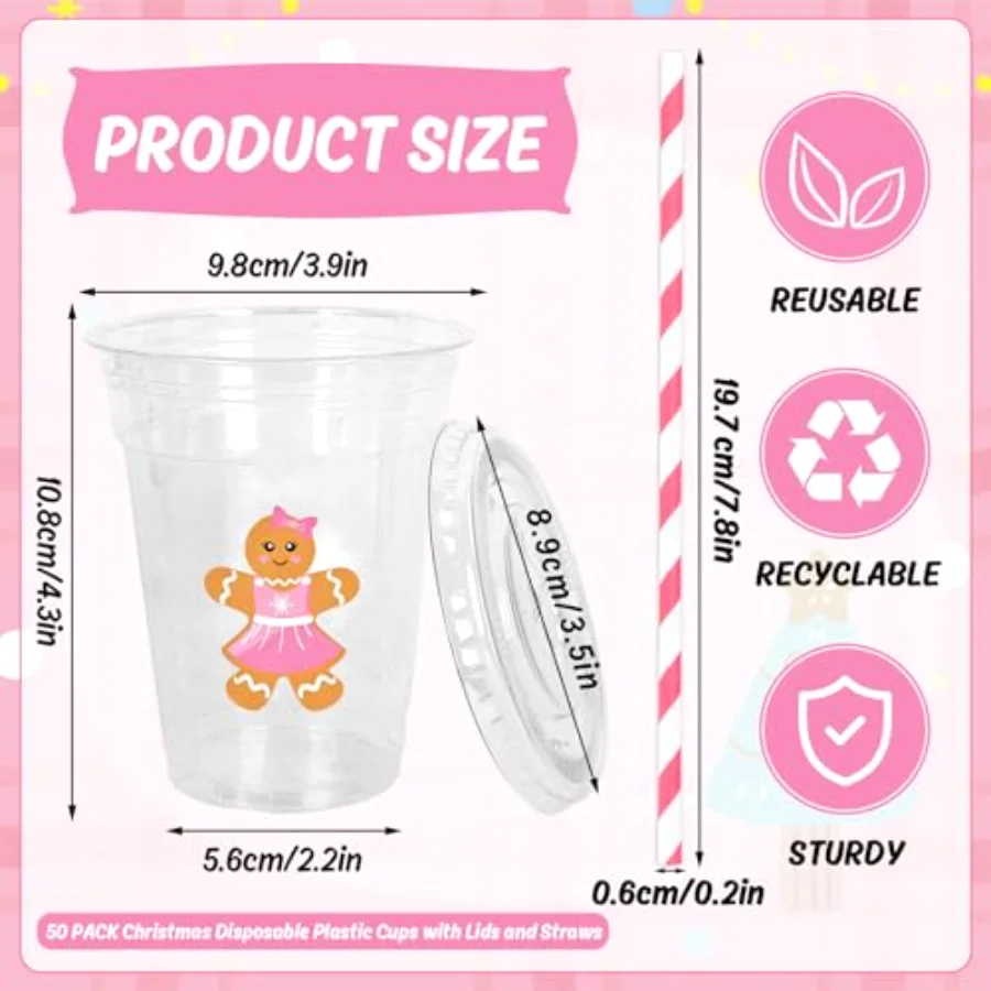 50 Pcs 12 Oz Christmas Disposable Plastic Cups with Lids and Straws Cute, view 2