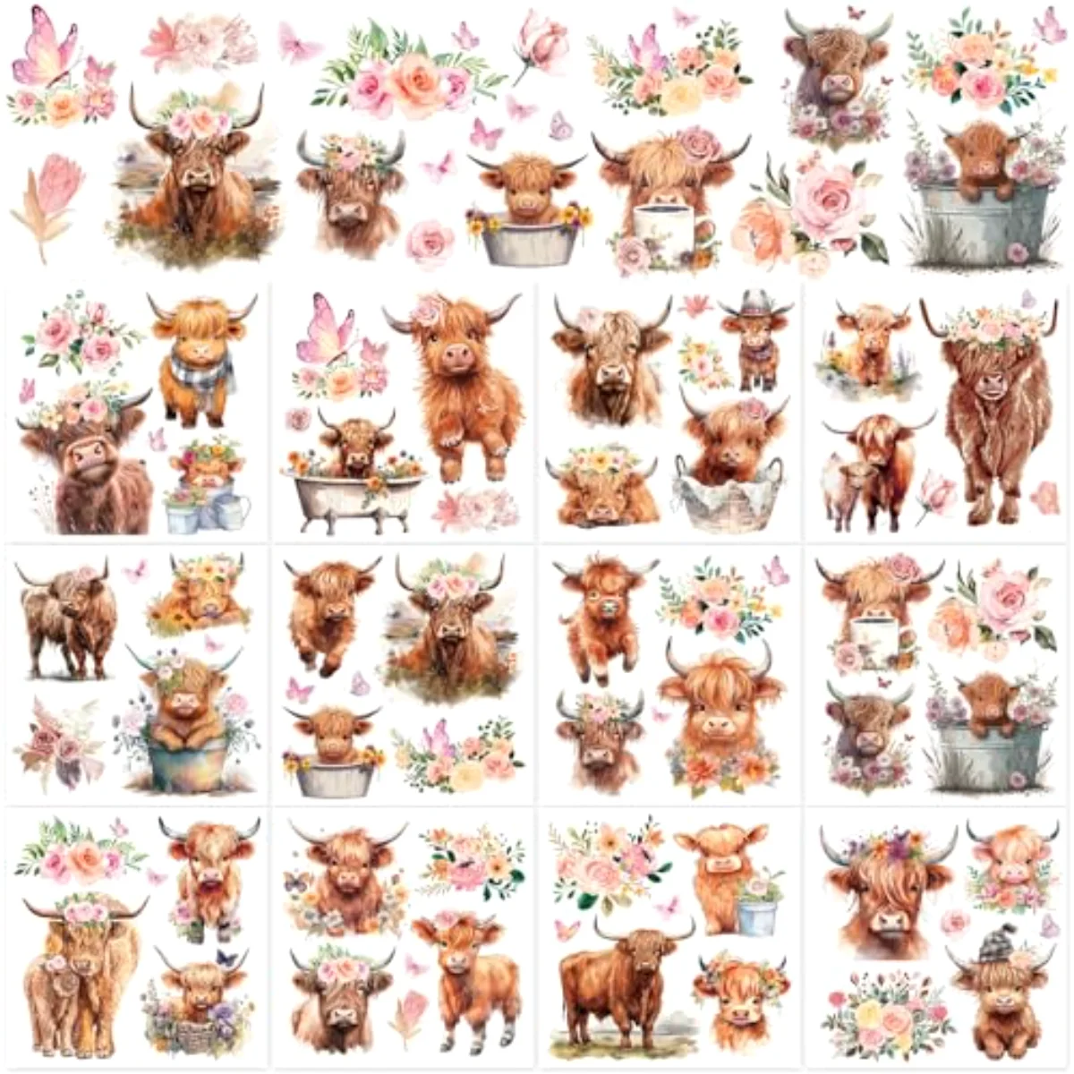 12 Sheet Highland Cow Rub on Transfers Pink Floral Brown Cow Transfer