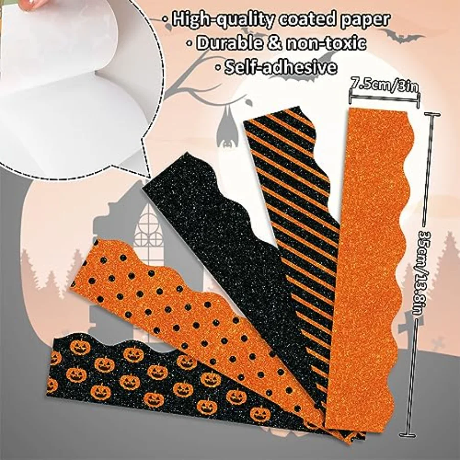 69Ft Halloween Bulletin Board Borders Glitter Orange Black Decoration, view 2
