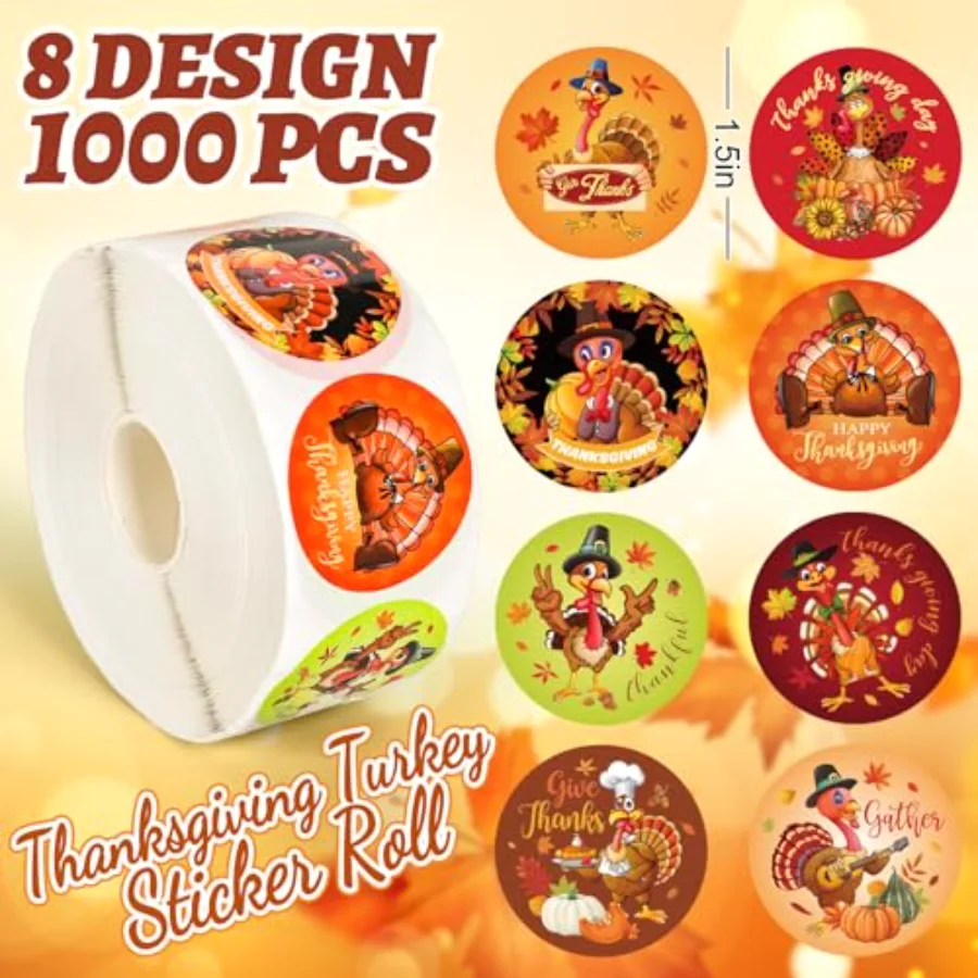 1000Pcs Thanksgiving Turkey Stickers Roll Cartoon Turkey Paper Decals 8, view 2