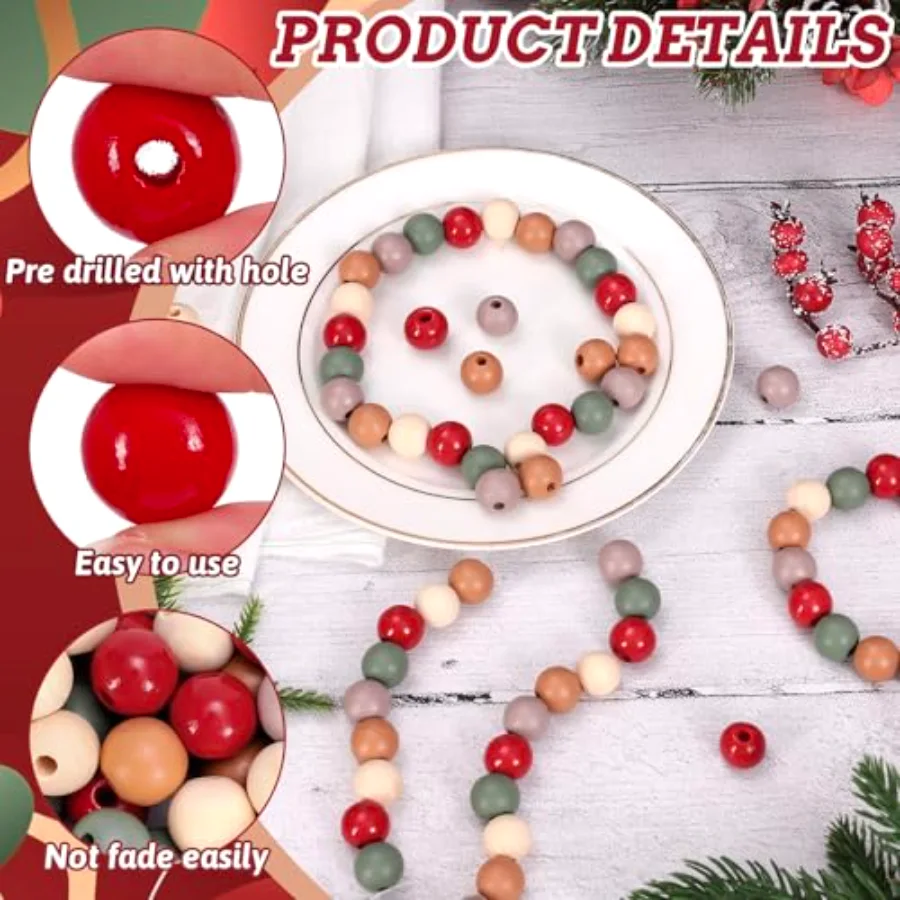 240Pcs Christmas Wooden Beads Vintage Red Green Beige Round Loose Bead, view 3