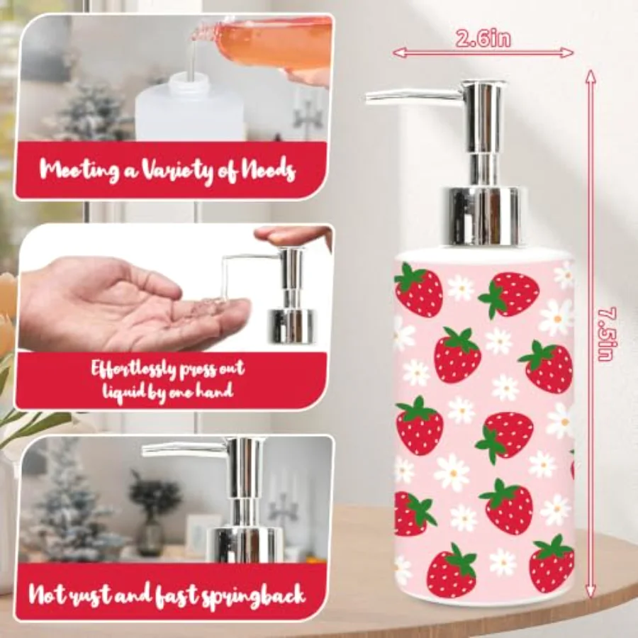 1 Pc Strawberry Soap Dispenser Glass Pink Floral Soap Dispenser with Pump, view 2