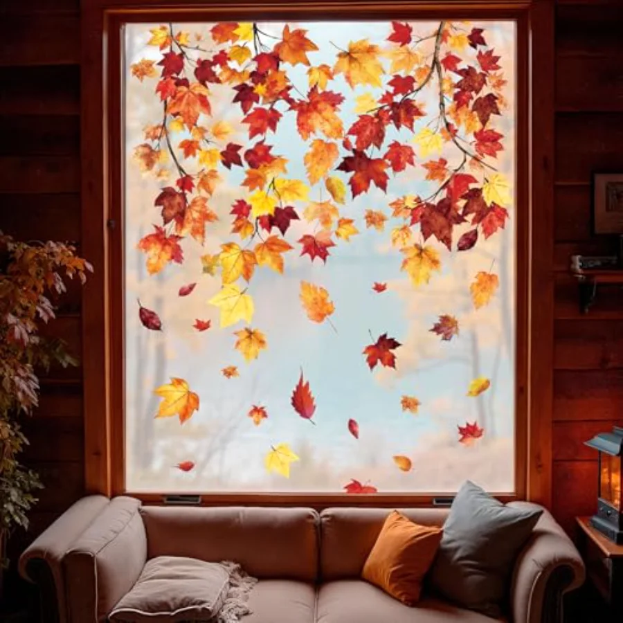 6 Sheet Fall Window Clings Hanging Maple Leaf Window Decals Colorful, view 4