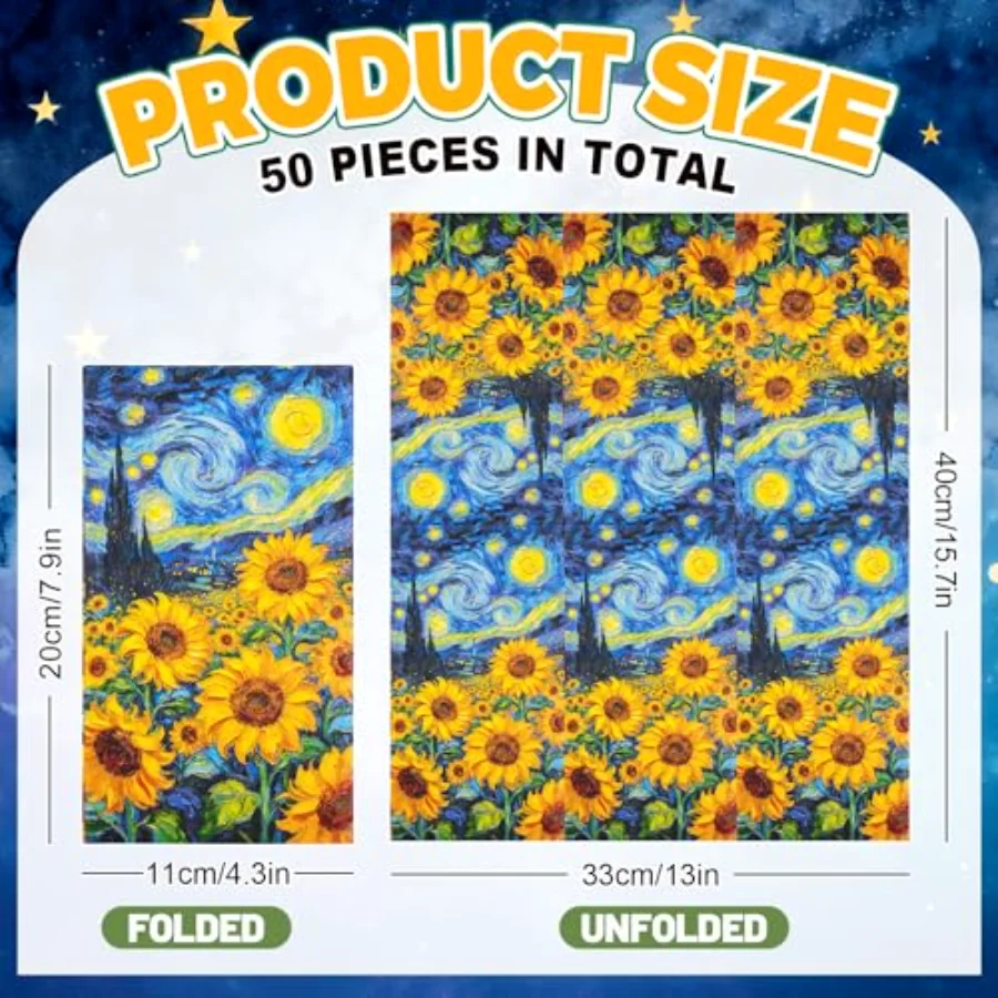 50 Pcs Starry Night Sunflower Guest Napkins Disposable Napkins Van Gogh, view 2