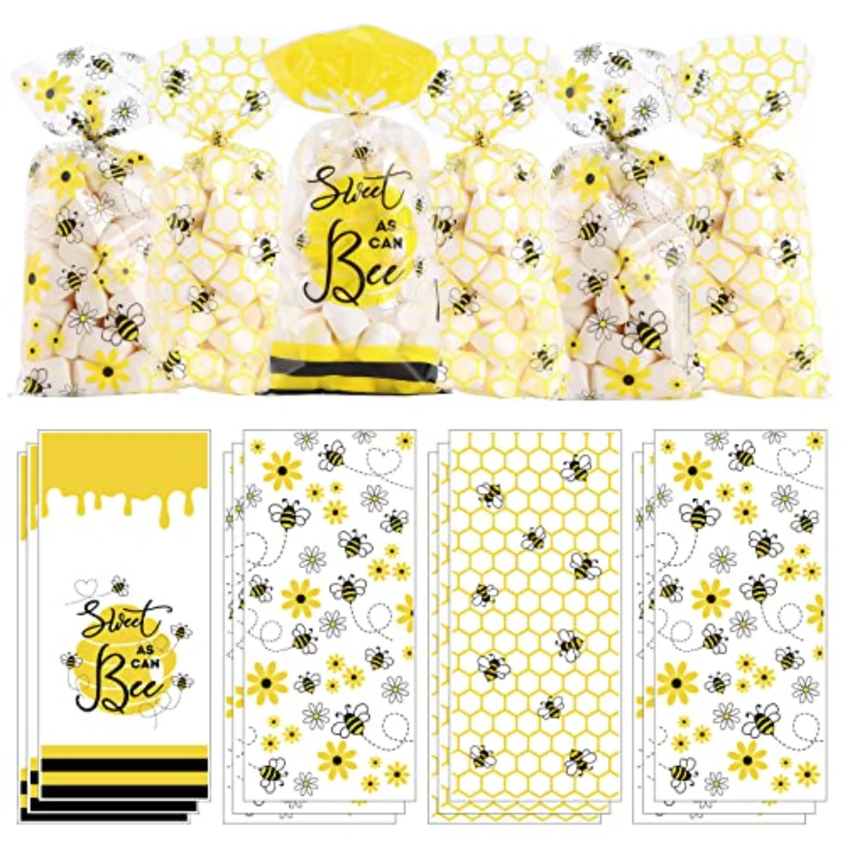150 Pcs Spring Summer Bee Party Cello Bags 3 Design Honey Bee Cellophane