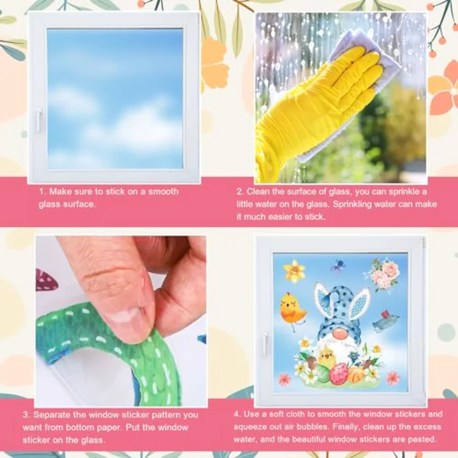 9 Sheets Spring Easter Gnome Flower Window Clings Watercolor Floral, view 3