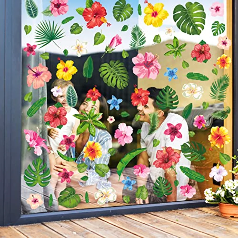 9 Sheets Summer Palm Leaves Window Clings Tropical Hibiscus Flower Window, view 3