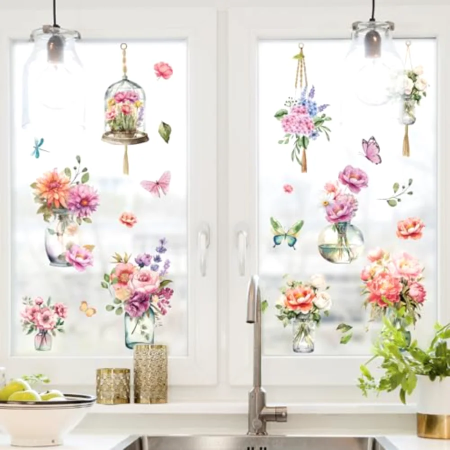 9 Sheets Spring Window Clings Watercolor Flower Vase Butterfly Aesthetic, view 2