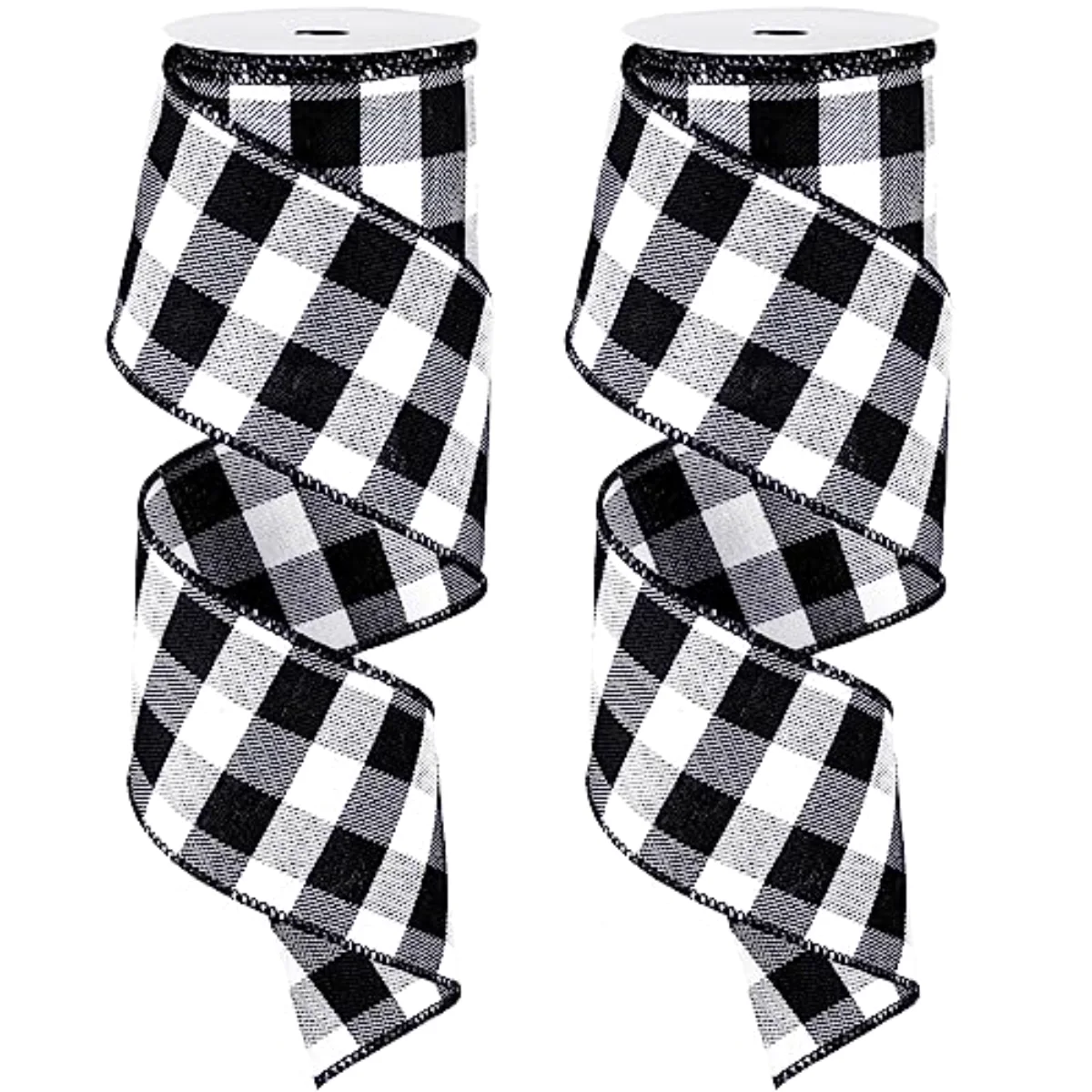 2 Rolls Wired Edge Plaid Ribbon Buffalo Check Ribbon White Black Plaid