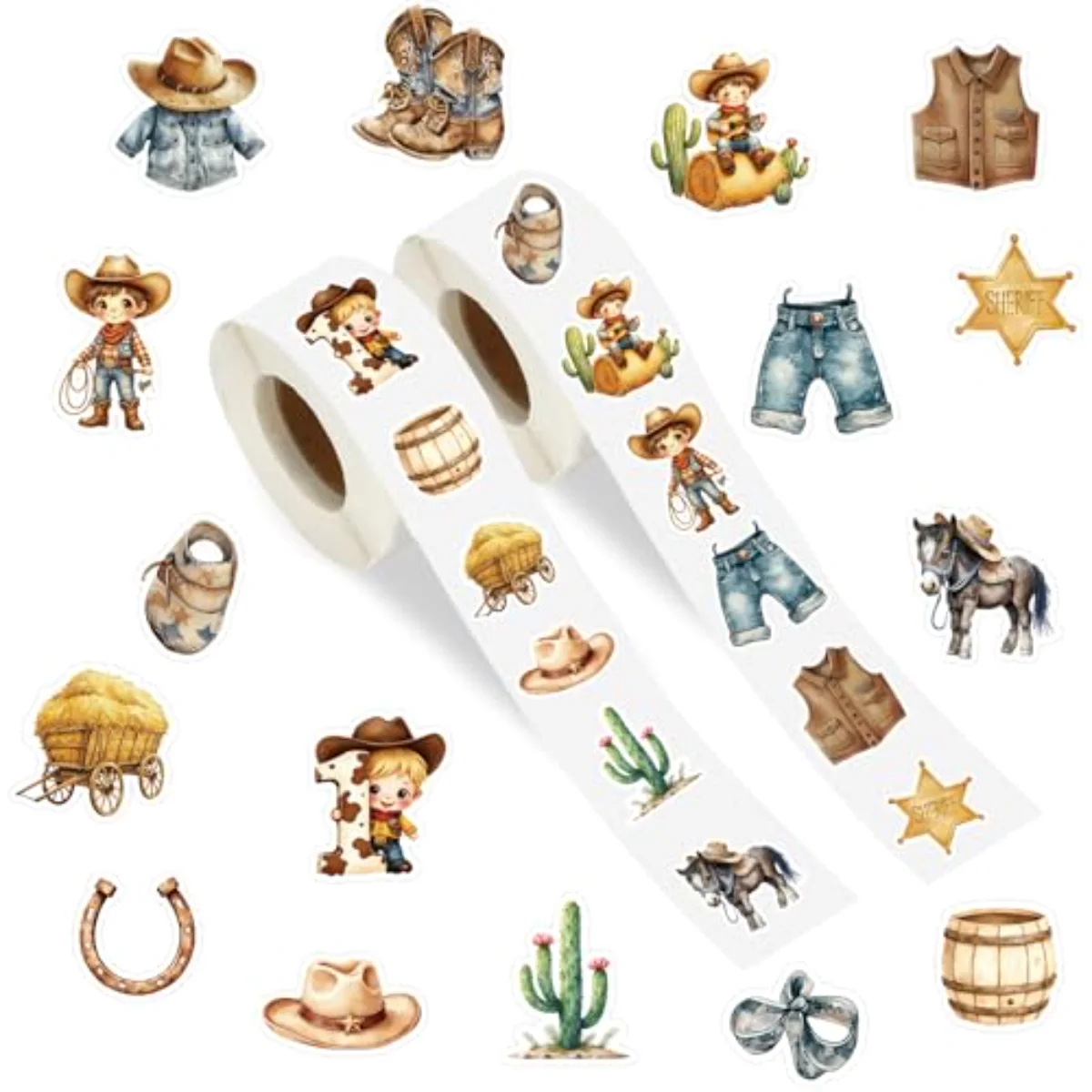 1000Pcs Little Cowboy Sticker Roll Cowboy Hat Boots Horse Cactus Decals 16