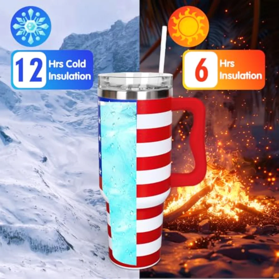 40 Oz Patriotic Tumbler with Handle Straw and Lid Red Blue Stars Stripes, view 4