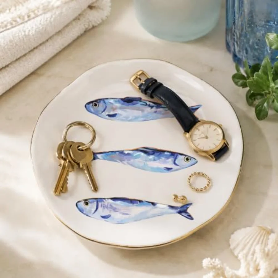 Sardines Ceramic Jewelry Tray with Gold Rim Small Decorative Trinket Dish, view 4