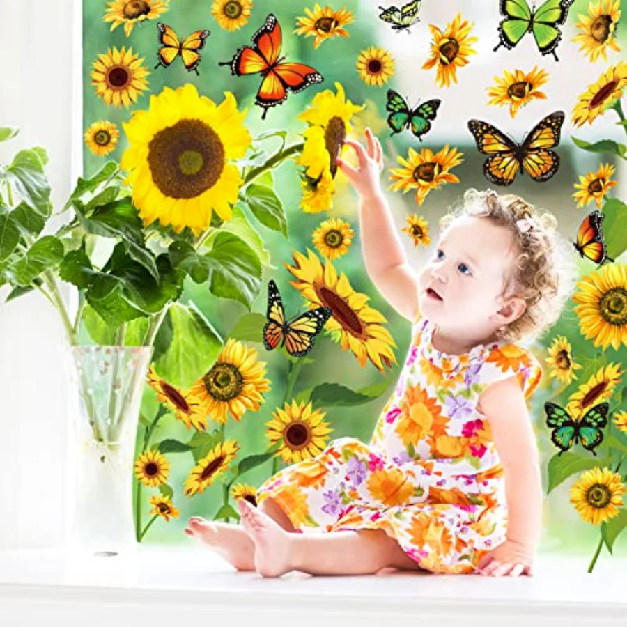 6 Sheets Sunflower Window Clings Spring Summer Flower Butterfly Window, view 2