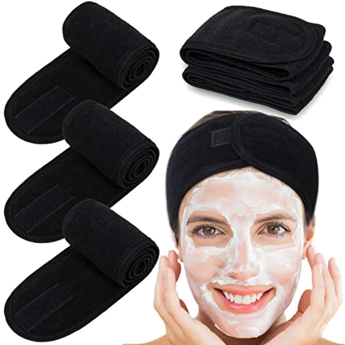 Spa Headband 4 Pcs Black Makeup Hair Band Facial Head Wrap Hair Tie
