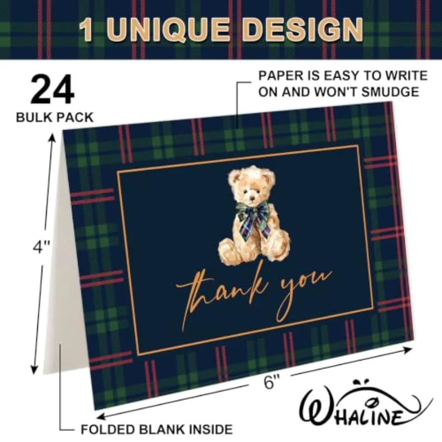 24Pcs Tartan Bear Thank You Cards with Envelope Stickers Vintage Red Blue, view 2