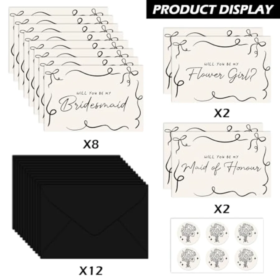 12 Pcs Bridesmaid Proposal Cards with Envelopes Stickers Beige Black Bow, view 3