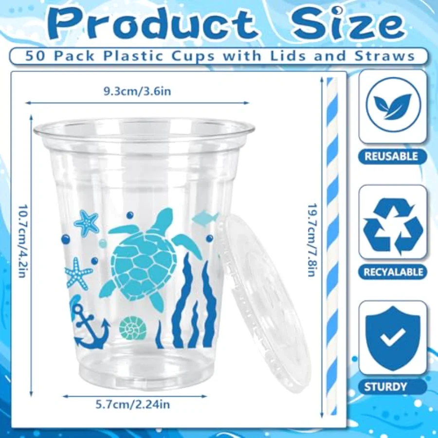 50Pcs Summer Ocean Plastic Cups Disposable Cups with Lids Straws 12oz Blue, view 2