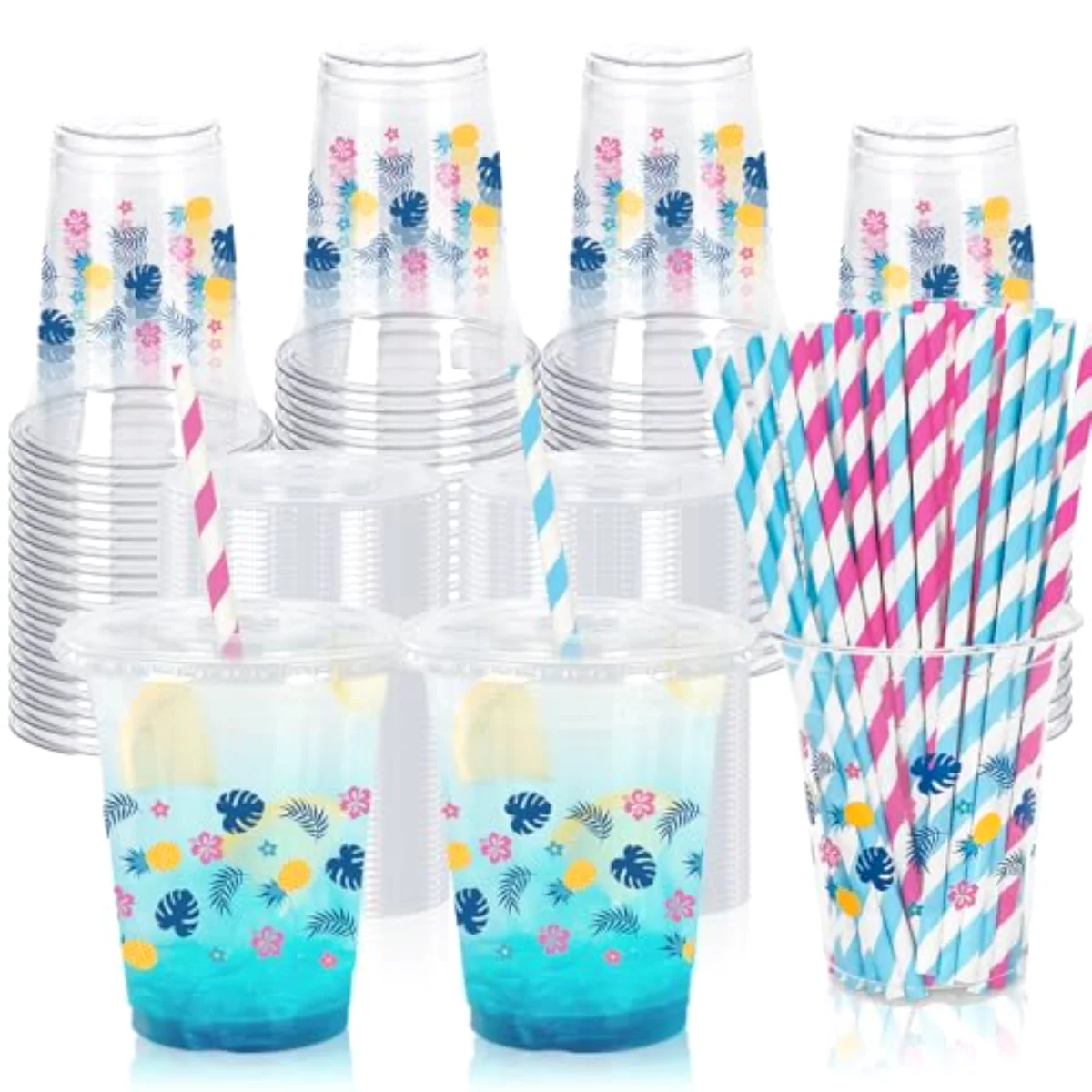 50Pcs Hawaiian Plastic Cups with Lids Straws Blue Pink Cartoon Flower