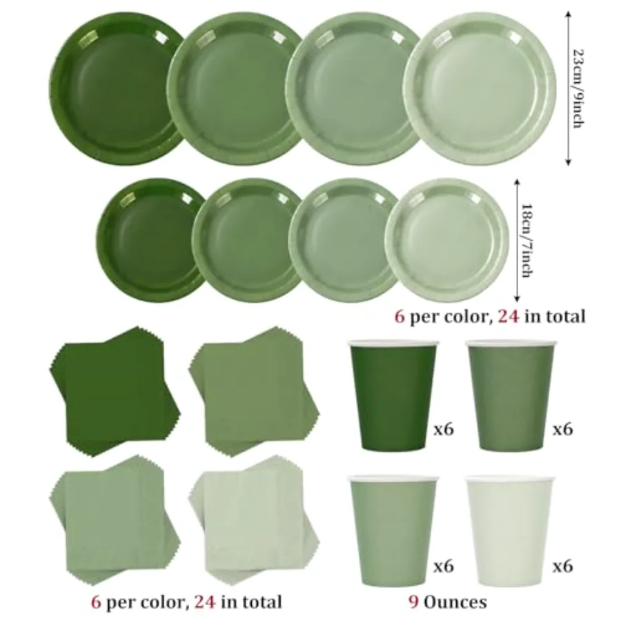 96Pcs Sage Green Tableware Set Serves 24 Gradient Green Disposable, view 2