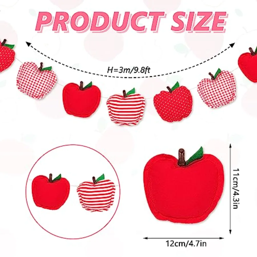 Back to School Banner 3D Apples Banner Garland Pre-Assembled Fabric Plaid, view 2