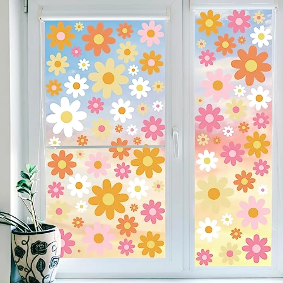 9 Sheet Retro Daisy Window Clings Groovy Boho Flower Window Decals, view 4